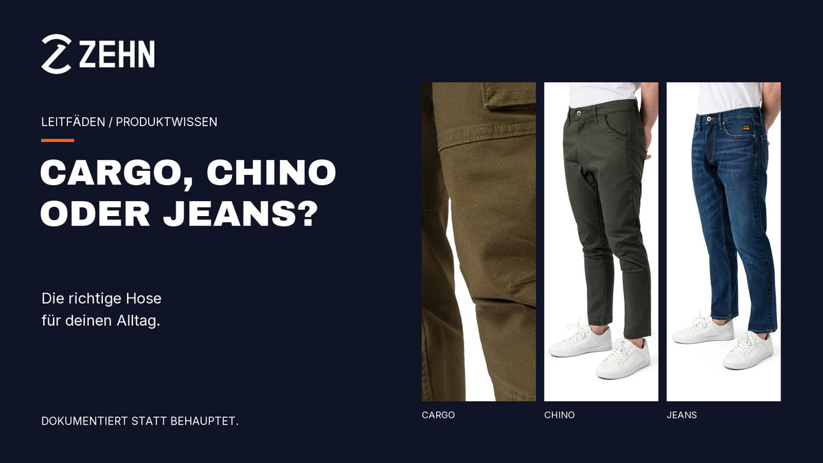 Redaktionelle Collage: Utility-Taschendetail, Signature Chino und Rivet Jeans von ZEHN