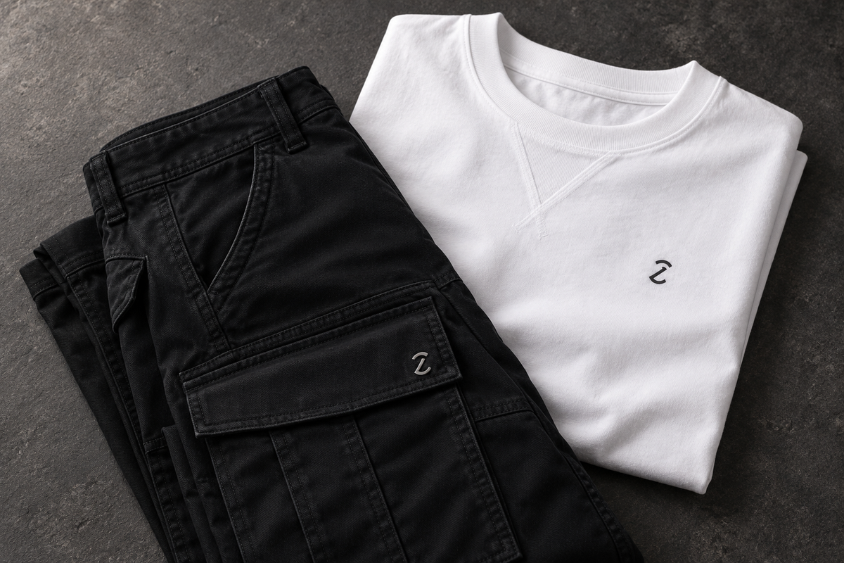 ZEHN Outfit mit weißem Vector T-Shirt und schwarzer Adaptive Cargohose